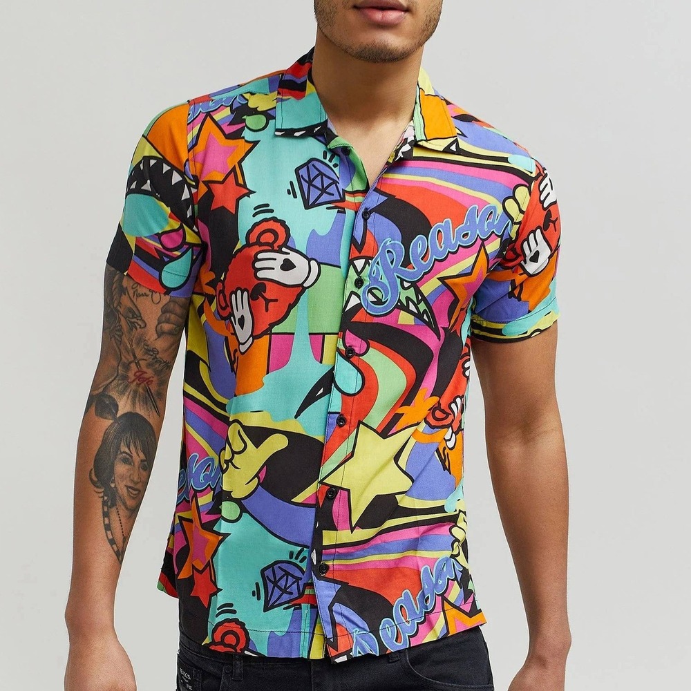 Reason Clothing Mens‎ XL Graphic Print Short Sleeve Button Up Shirt Multi Color